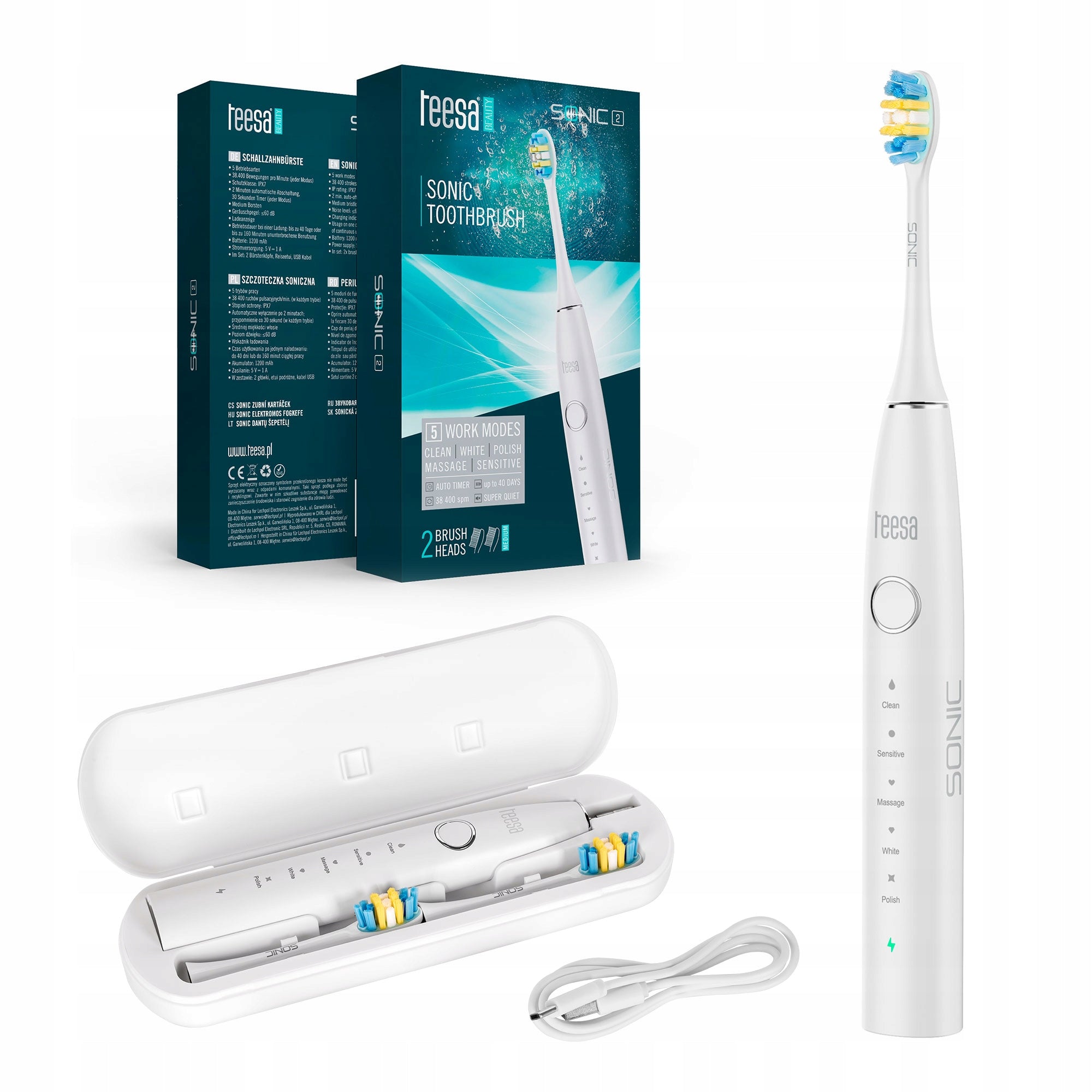Sonic toothbrush 5 modes case cable TEESA SONIC 2 heads