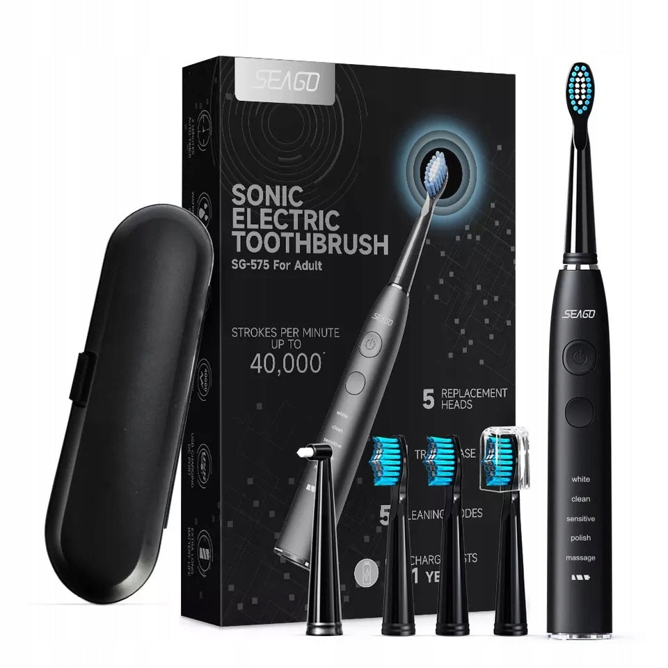 Sonic toothbrush, case, 5 tips, black, SEAGO SG-575