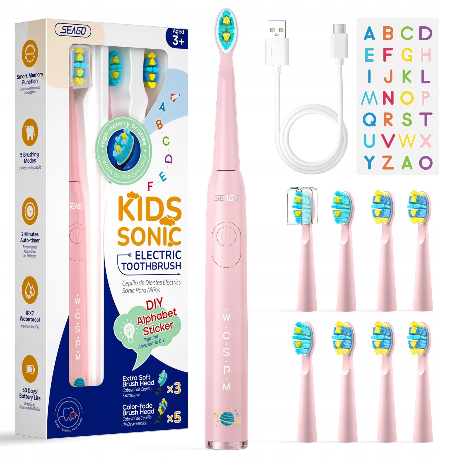 Sonic toothbrush for children 6-12 years old, SEAGO SG-2303 - pink - 8 heads