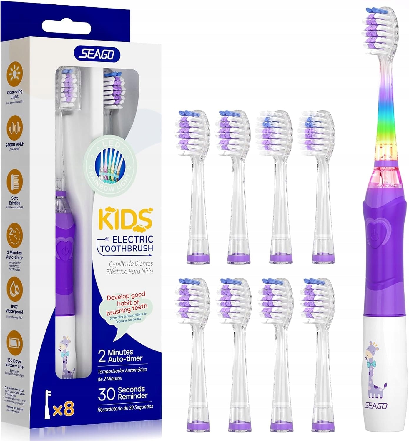 Sonic toothbrush for children SEAGO SG-977 with 8 tips!! - Purple