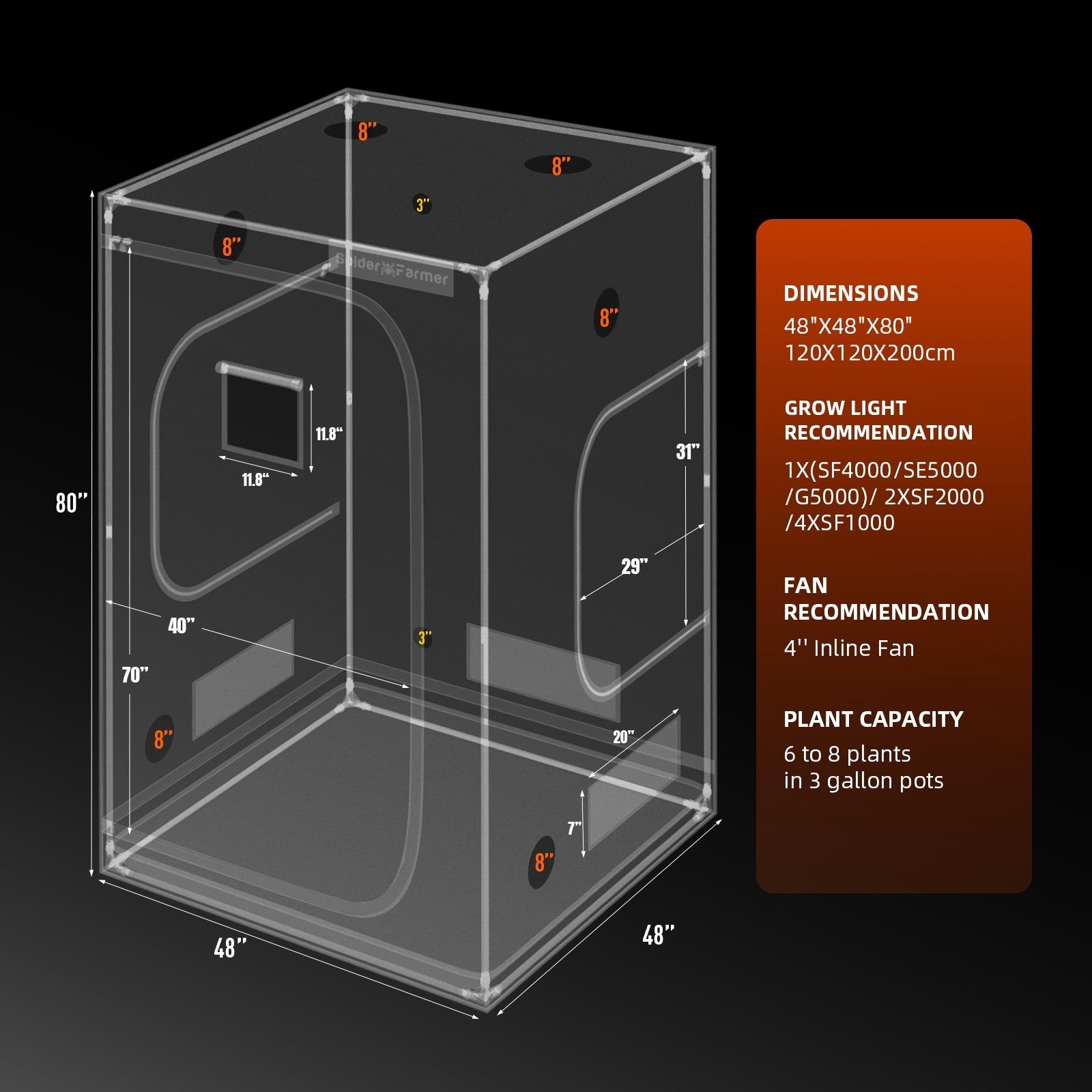 Spider Farmer 120X120X200cm Indoor Grow Tent 1680D Hydroponic Plant Room Packaging status original