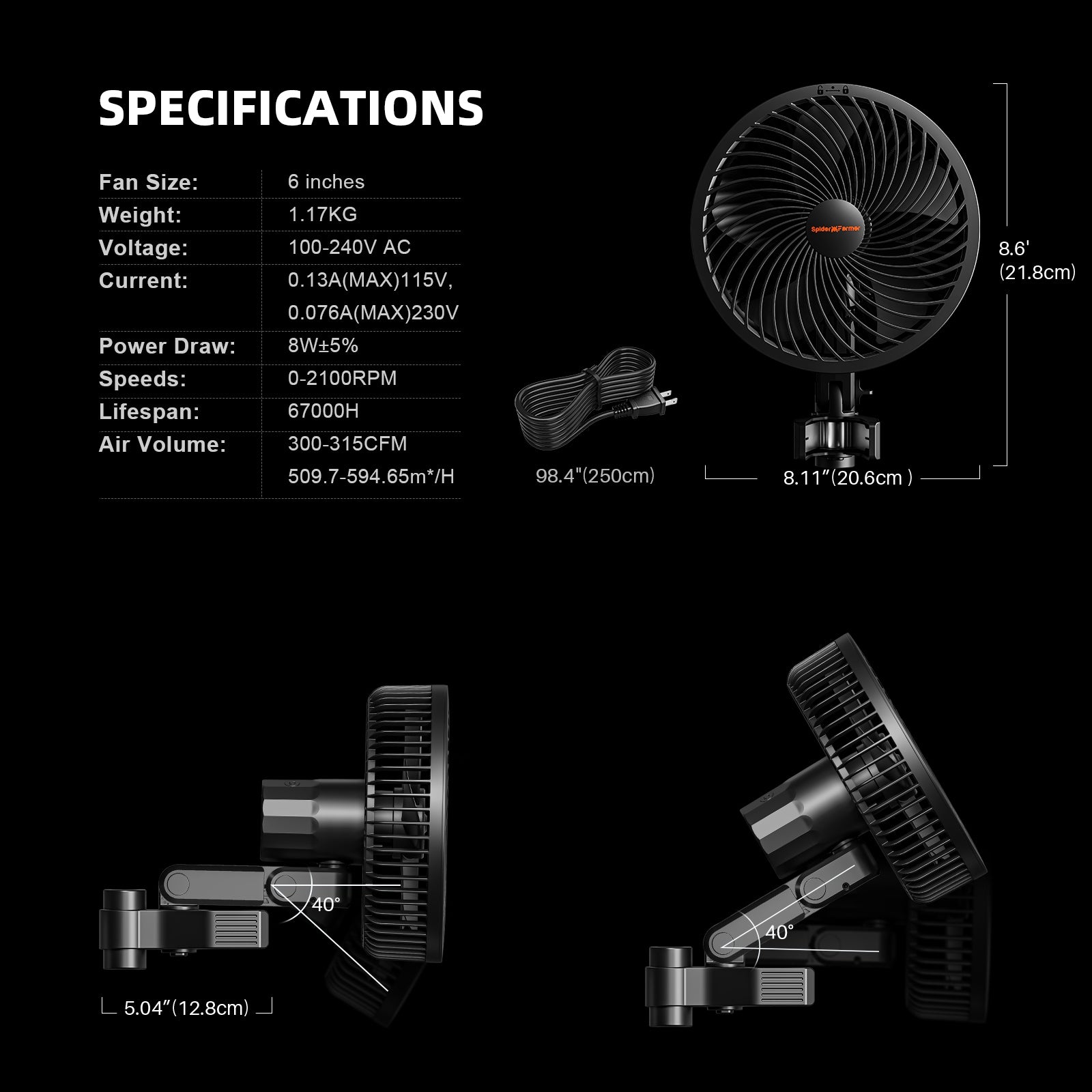 Spider Farmer 6" Grow Tent Clip Fan EC Motor, 10 Speeds, APP Wifi Control Dominant color black