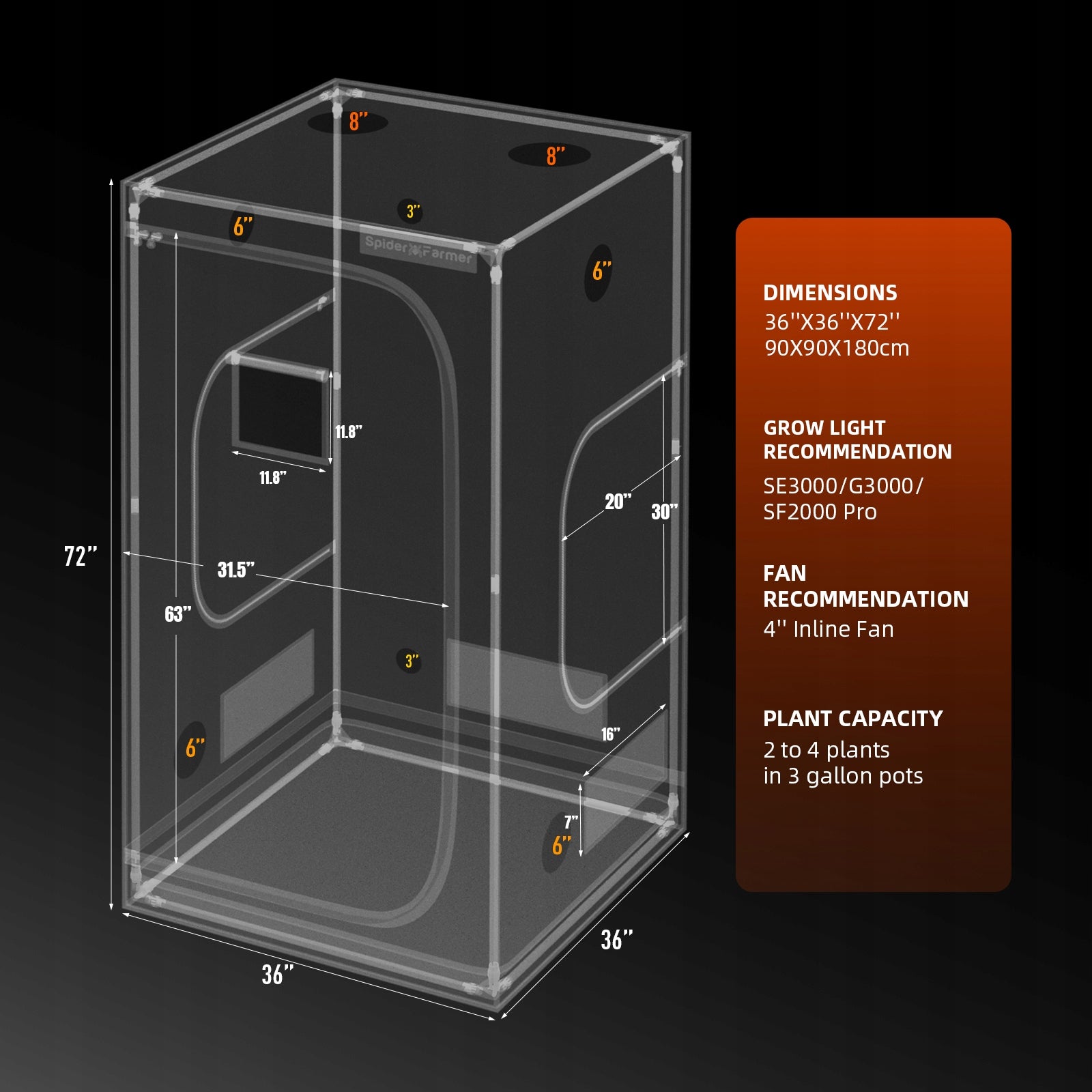 Spider Farmer 90X90X180cm Indoor Grow Tent 1680D Oxford Cloth Growing Box Packaging status original