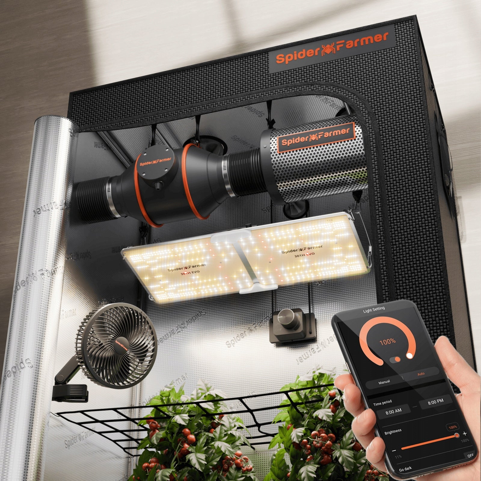 Spider Farmer SF2000 LED+1.2x0.6m Grow Tent Kit+6” Clip Fan+4” Ventilation Packaging status original