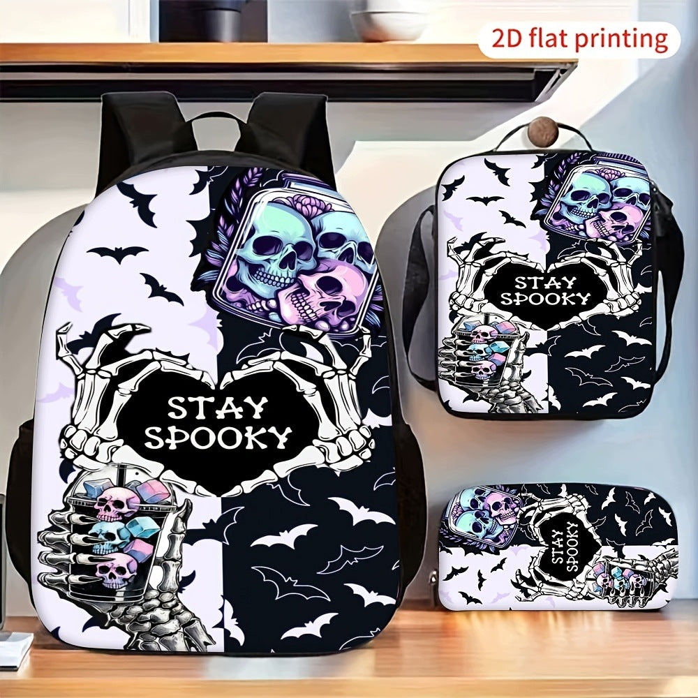 Spooky Skeleton Skull Bat Pattern 3-Piece 2D Flat Backpack Set