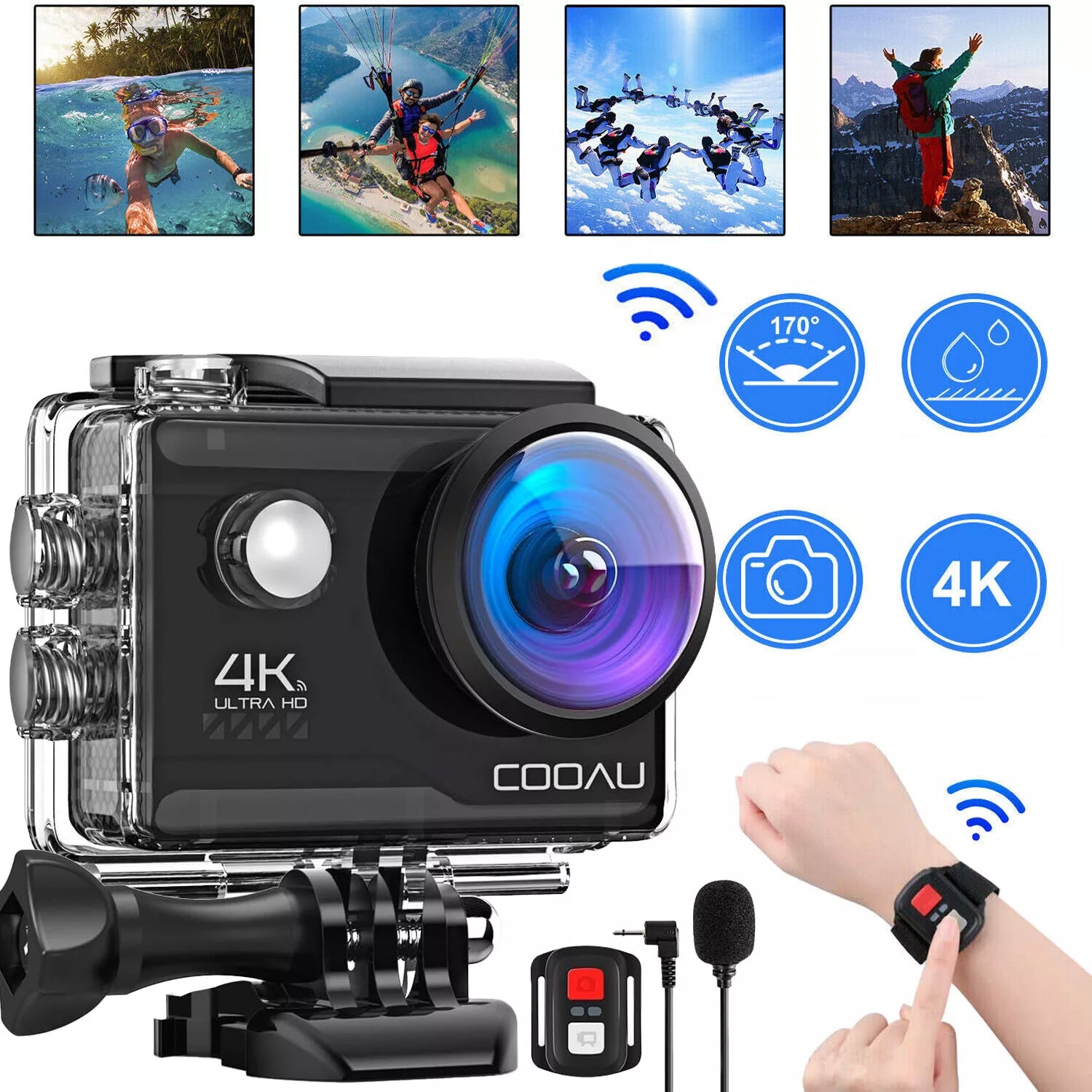 Sports Camera ACTION UHD 4K WiFi EIS Waterproof LCD 2.0" + 64G Accessories Brand COOAU