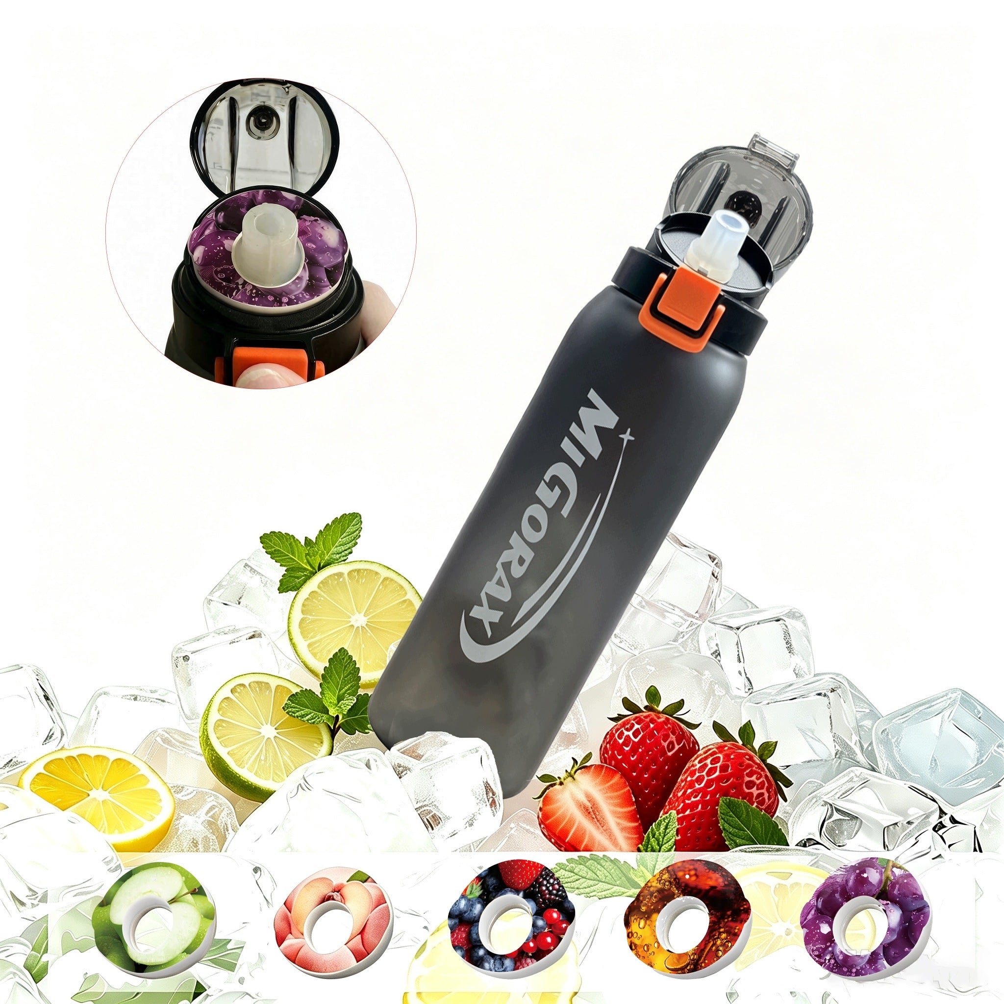 Sports Water Bottle 1000ml Black with 5 Flavor Capsules for Fitness