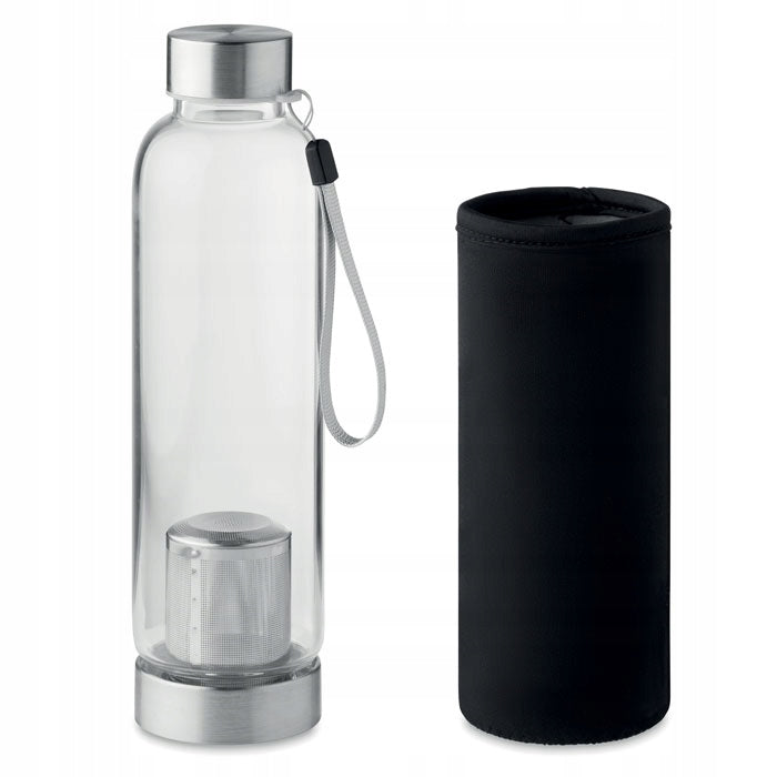 Sports glass bottle with tea strainer herbs 500 ml neoprene cover