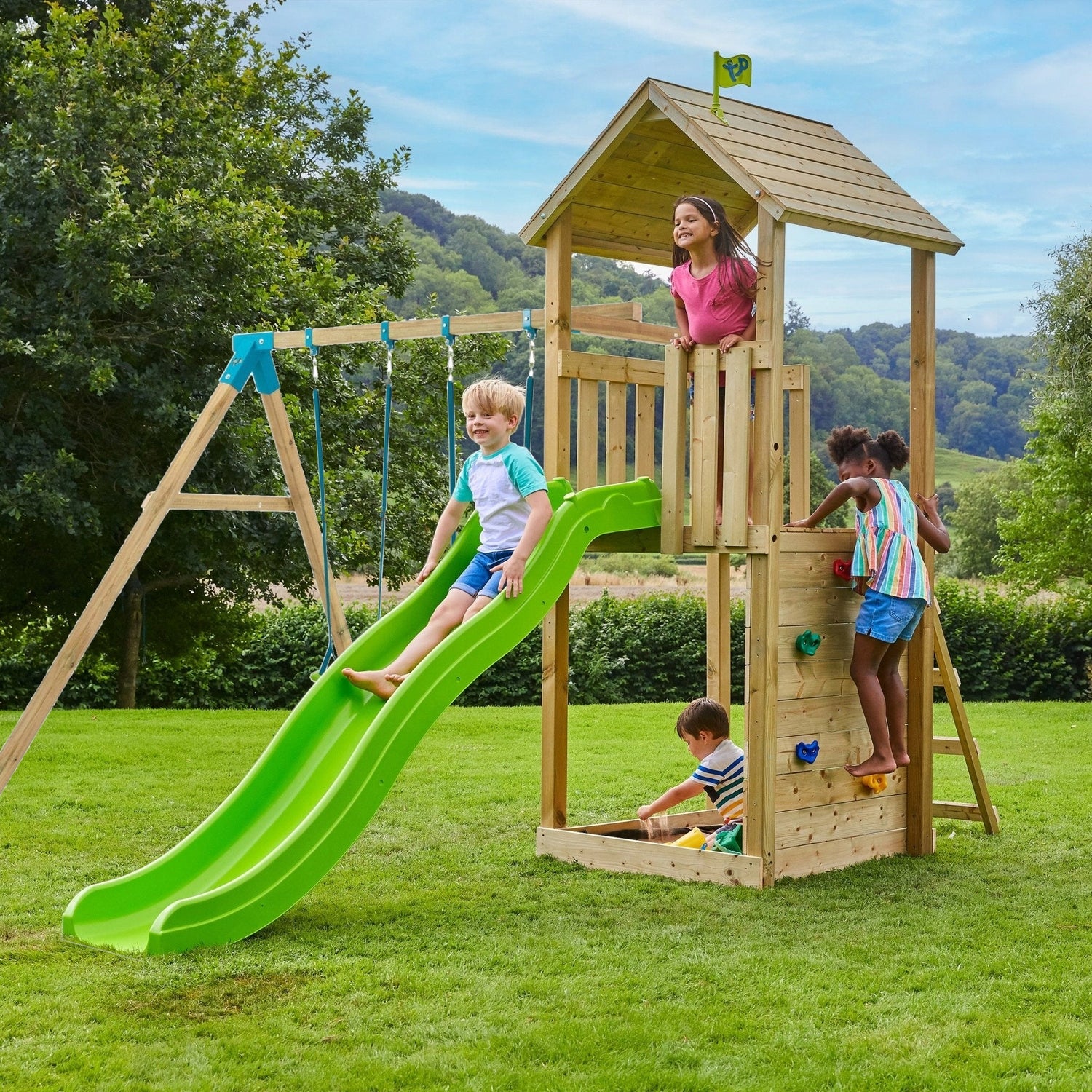 Square toys wooden TP Toys slide 2 swings sandbox wall Included house