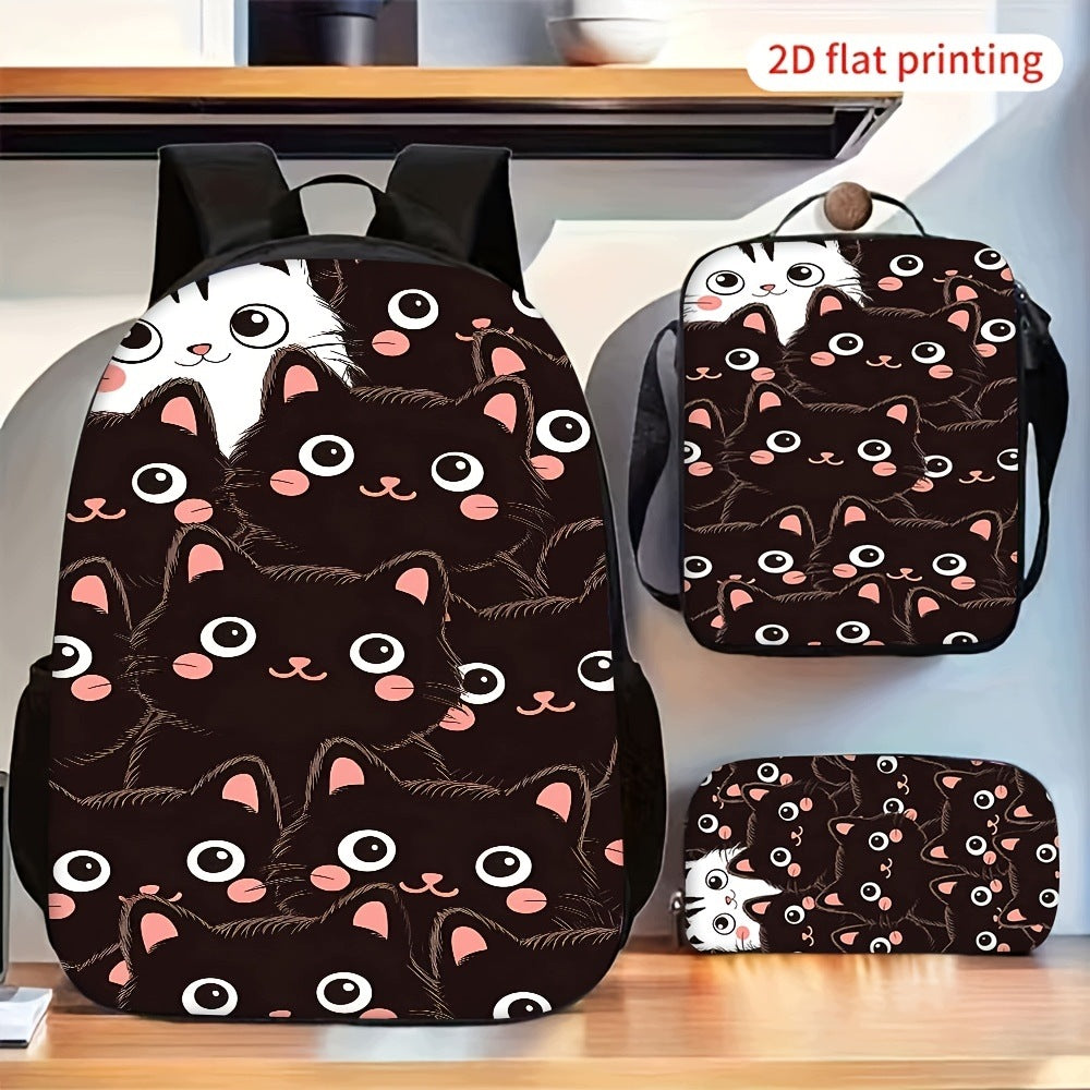 Stacked Black Cats Pattern Backpack Set - 2D Flat Printing Casual