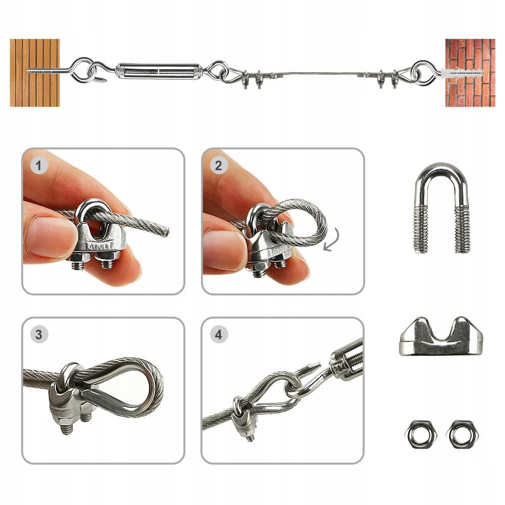 Stainless Steel Cable 304 30m With Eyelet Screws Silver Brand Bedee