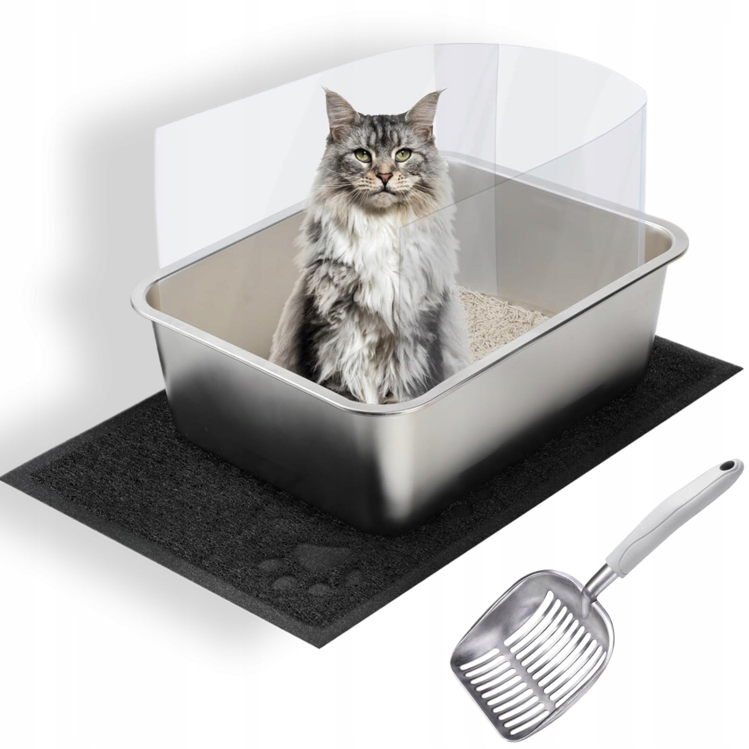 Stainless Steel Cat Cuvette Set Dustpan Mat Covered 45x35x15cm