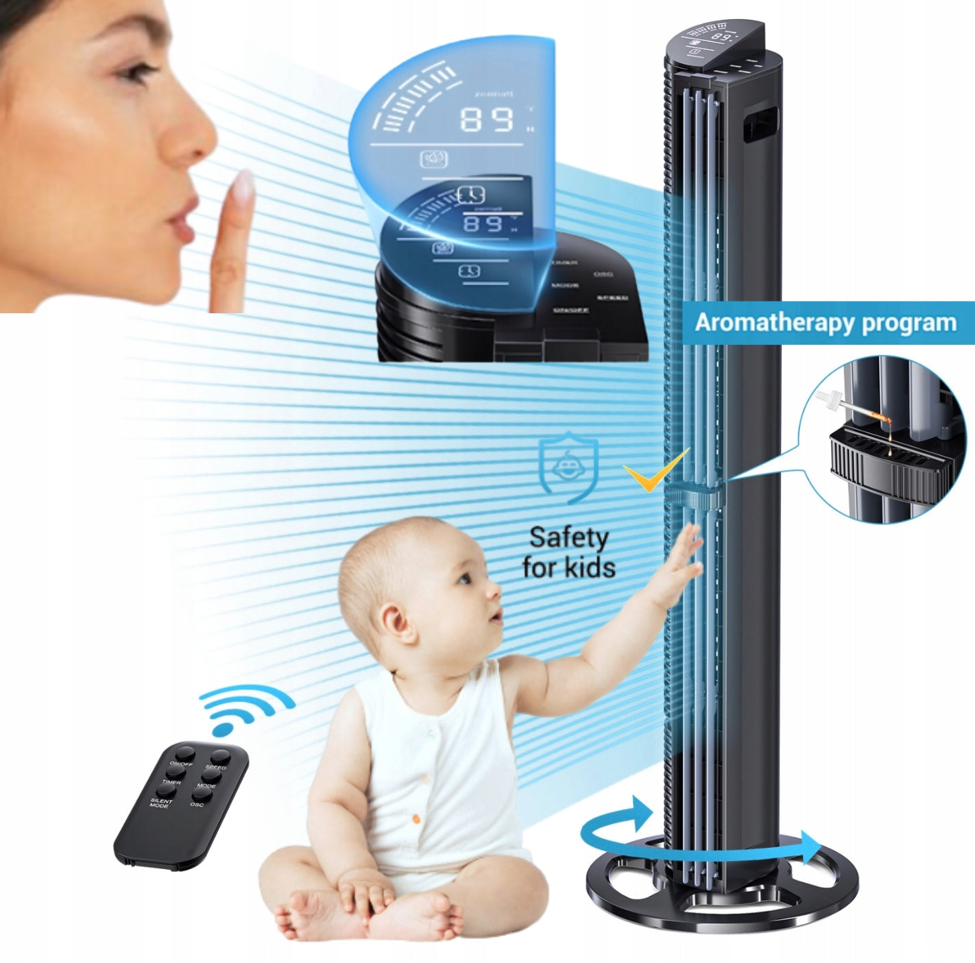 Standing Column Fan 102 cm 75W Ultra Strong, +8m Range, 3 Modes, Aroma