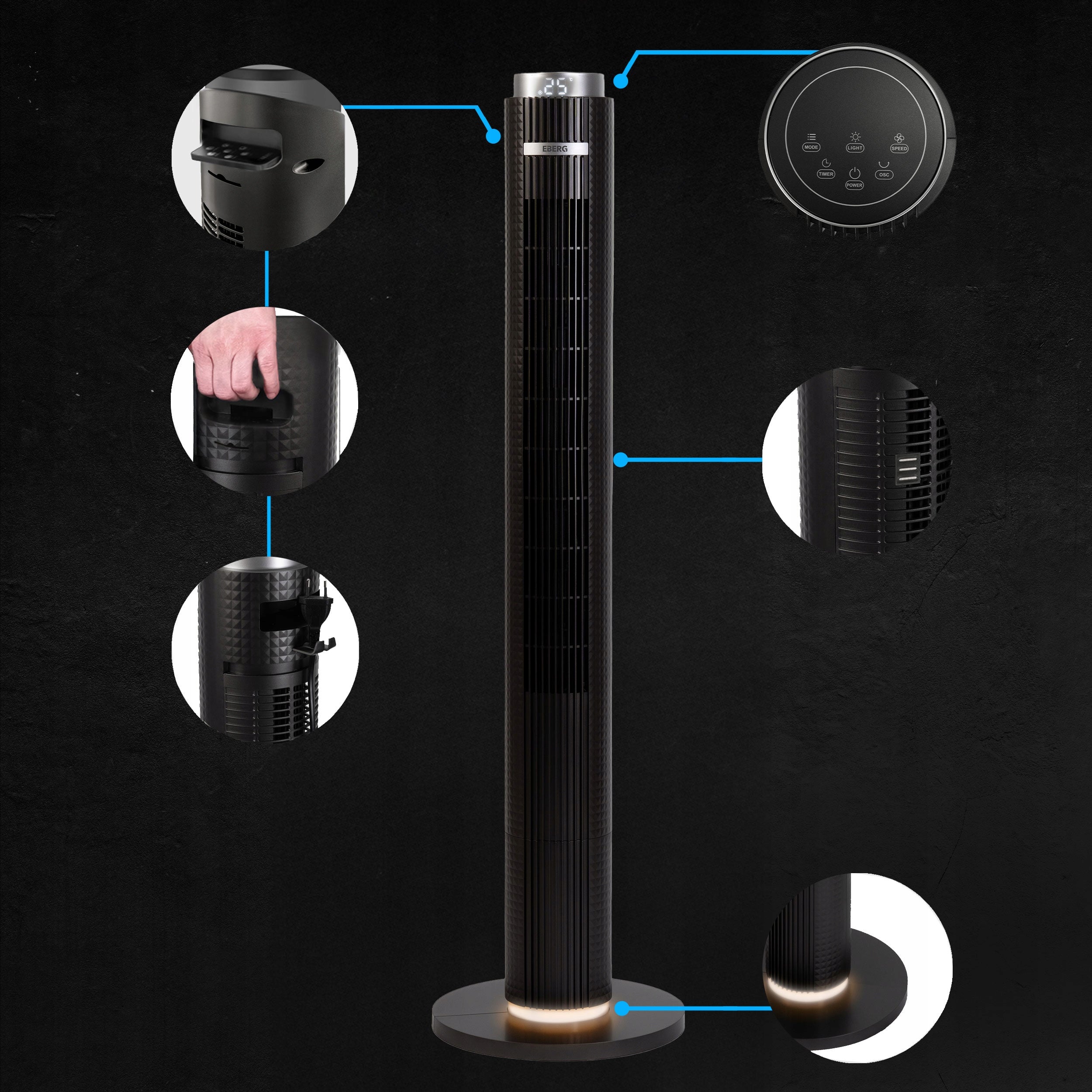 Standing column fan EBERG floor fan 117cm IONIZATION +AROMA Manufacturer code Wentylator stojący EBERG ELIF 117cm LED iON