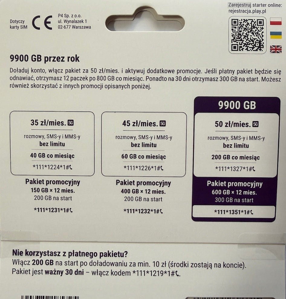 Starter Play 5G 4G LTE | Mobile Internet up to 9900 GB per year Packaging status original