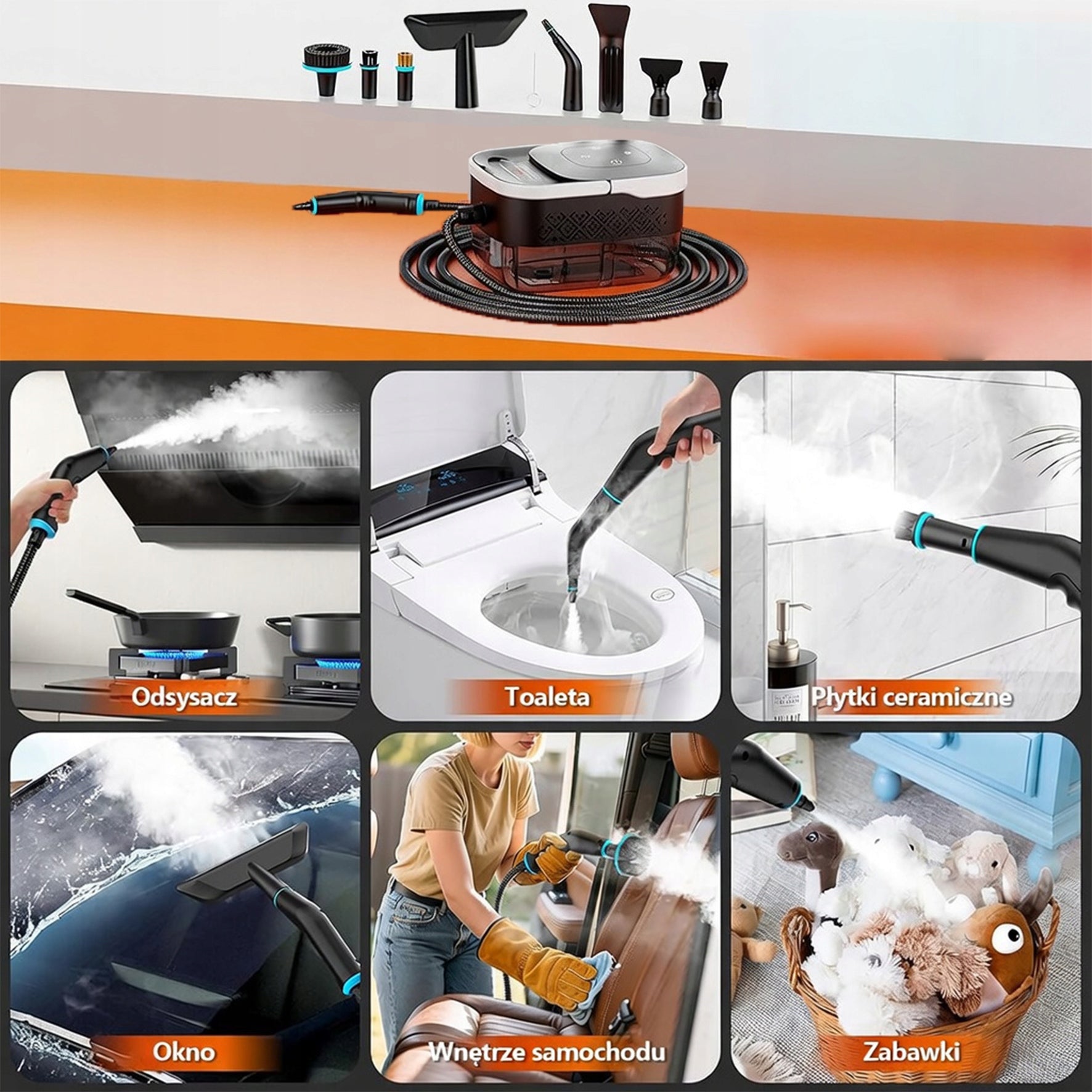 Steam Vacuum Cleaner 2500W Pressure Durable Handheld 10 Sockets Dominant color black
