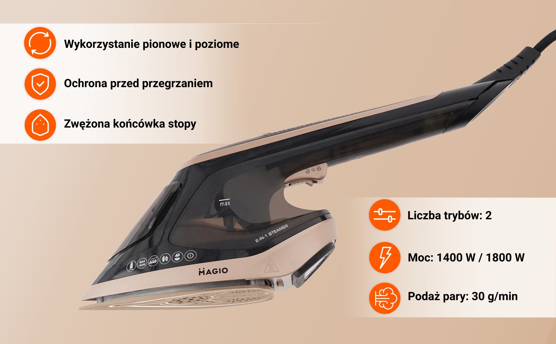 Steamer and Iron 2in1 MAGIO 1800W, LED, Adjustable steam, Steamer for clothes Type handheld