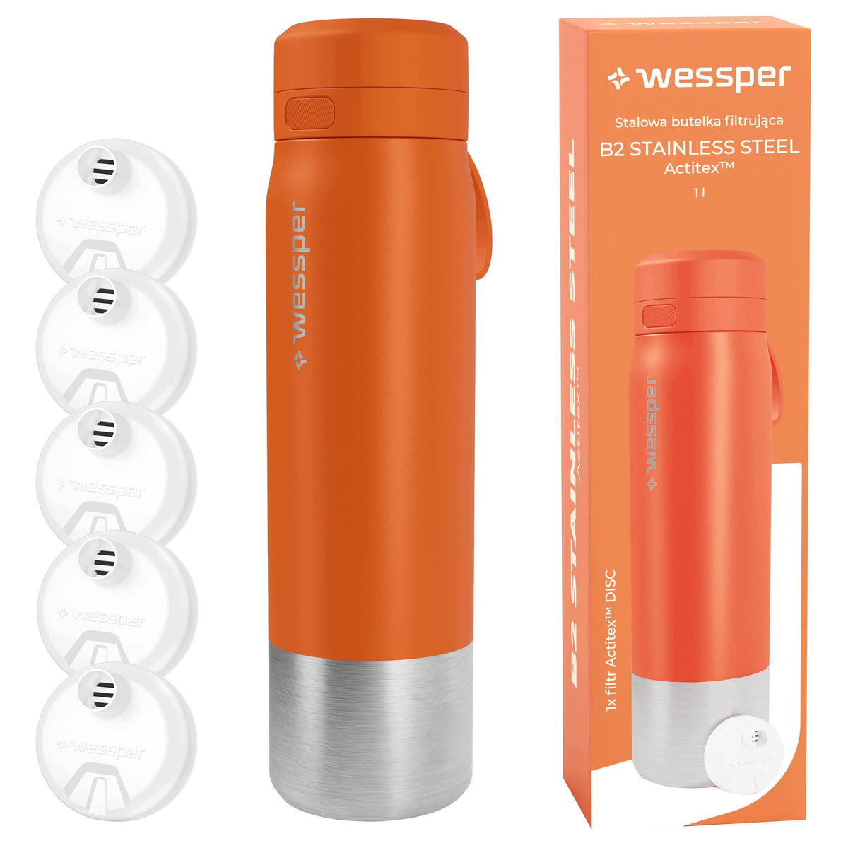 Steel filter bottle Wessper B2 Actitex water bottle 1L +5x filter