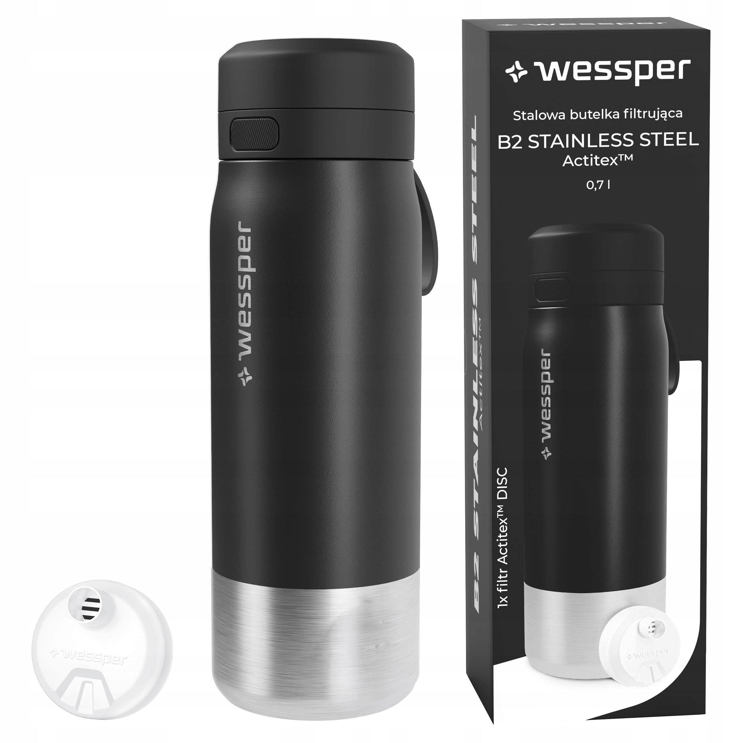 Steel water bottle Wessper B2 Actitex 700ml with water filter black