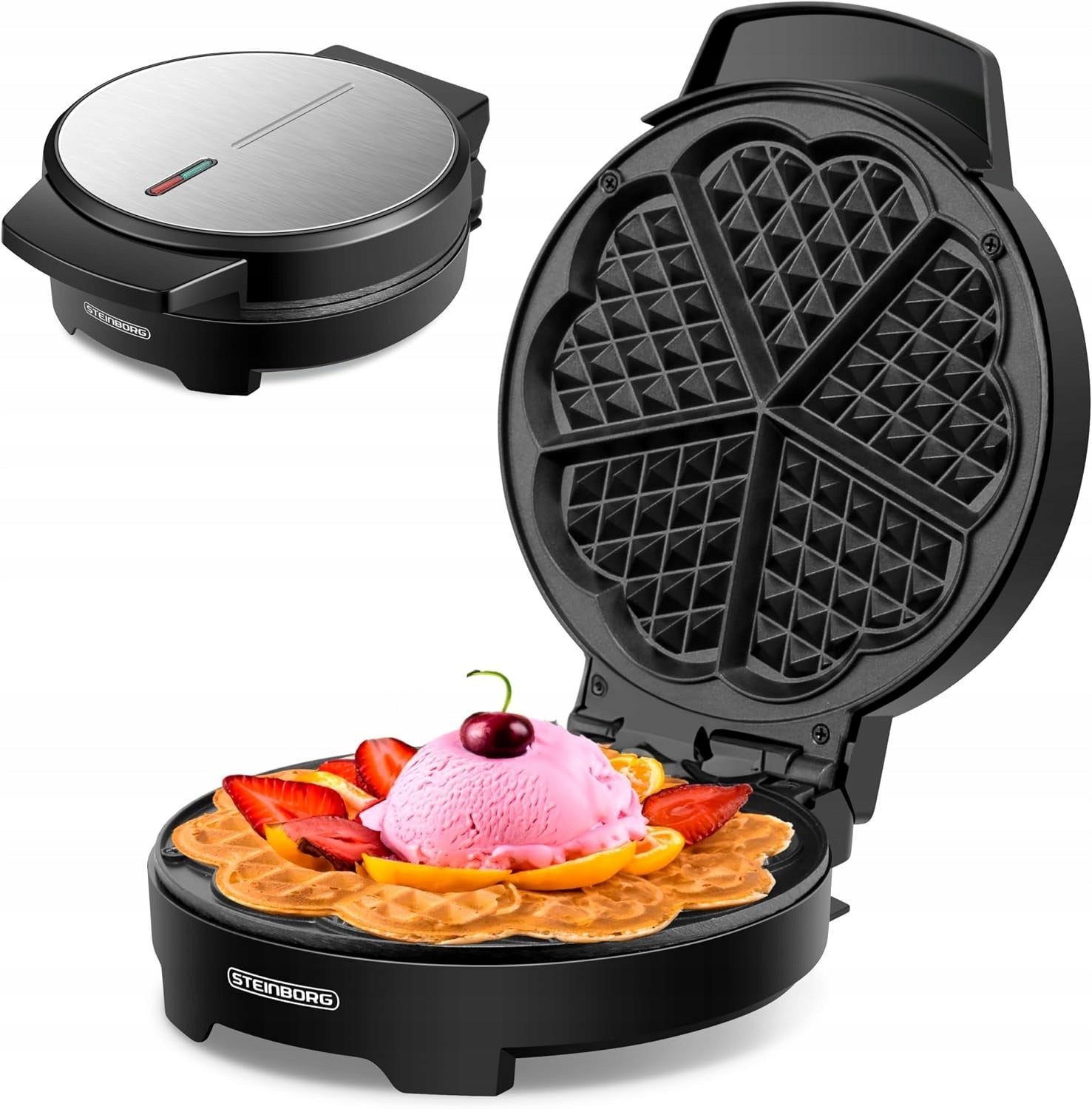 Steinborg Waffle Iron 1000W 5 Hearts Nonstick Cool-Touch
