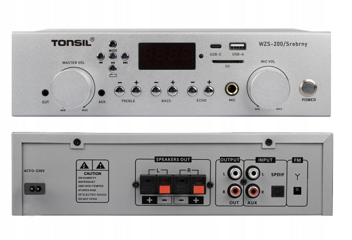 Stereo Amplifier Tonsil WZS-200 2x60W Bluetooth 5.3 AUX MIC FM USB Silver
