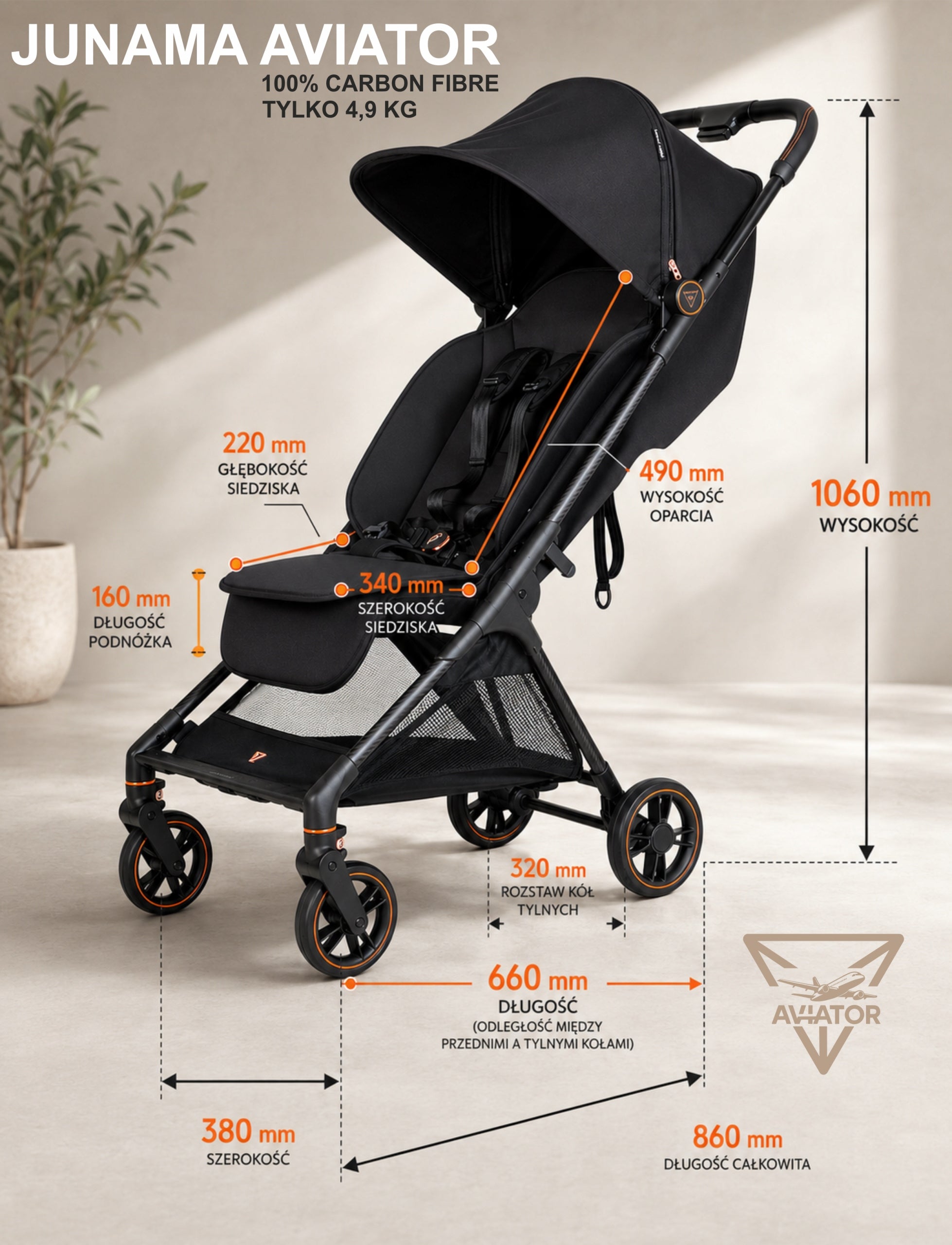 Stroller JUNAMA Aviator Carbon Black ultralight 4,9 kg Manufacturer code JUN-AVI-CB