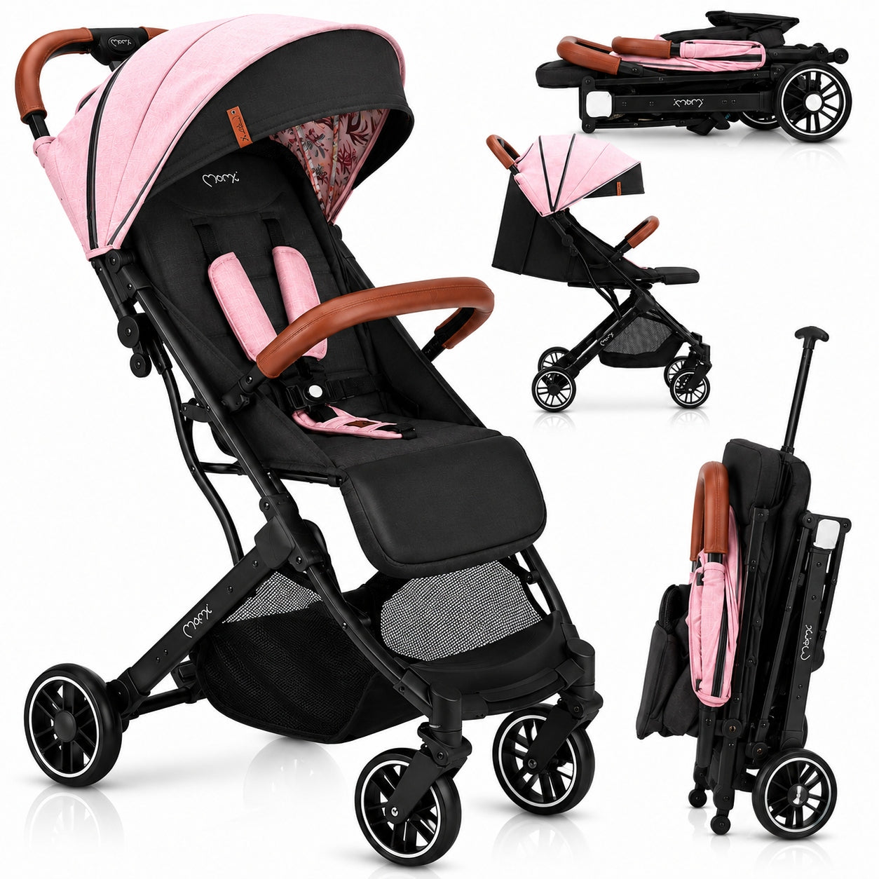 Stroller MoMi ESTELLE pink lightweight folding compact as a suitcase