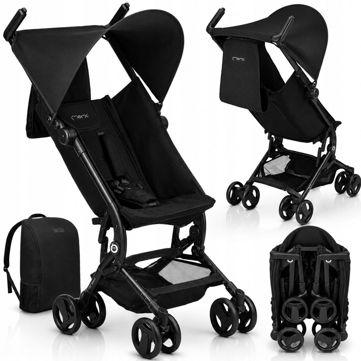 Stroller MoMi GRACE black - lightweight foldable compact backpack