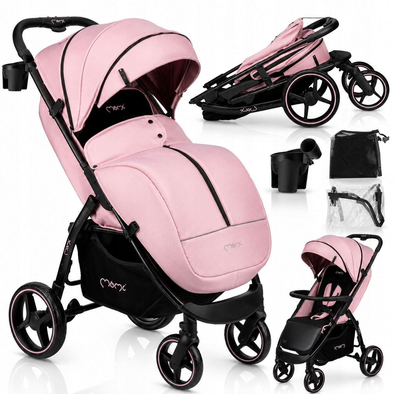 Stroller MoMi MIYA pink - foldable lightweight mosquito net film up to 22kg