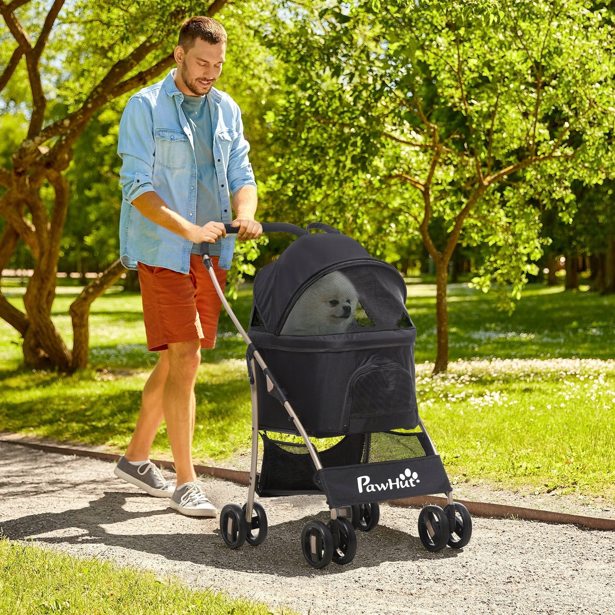 Stroller for Animal Cat Dog Transport with Basket Detachable Black Packaging status original