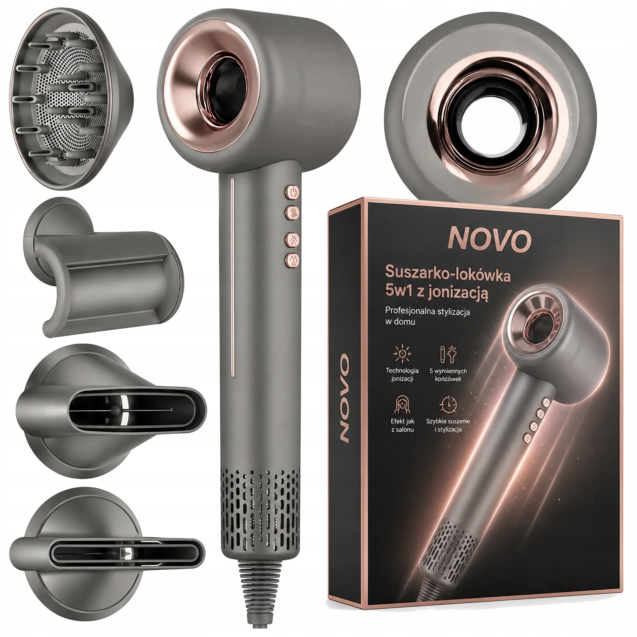 Strong Hair Dryer with Ionization 1500W Modes 5in1 Diffuser Overlays