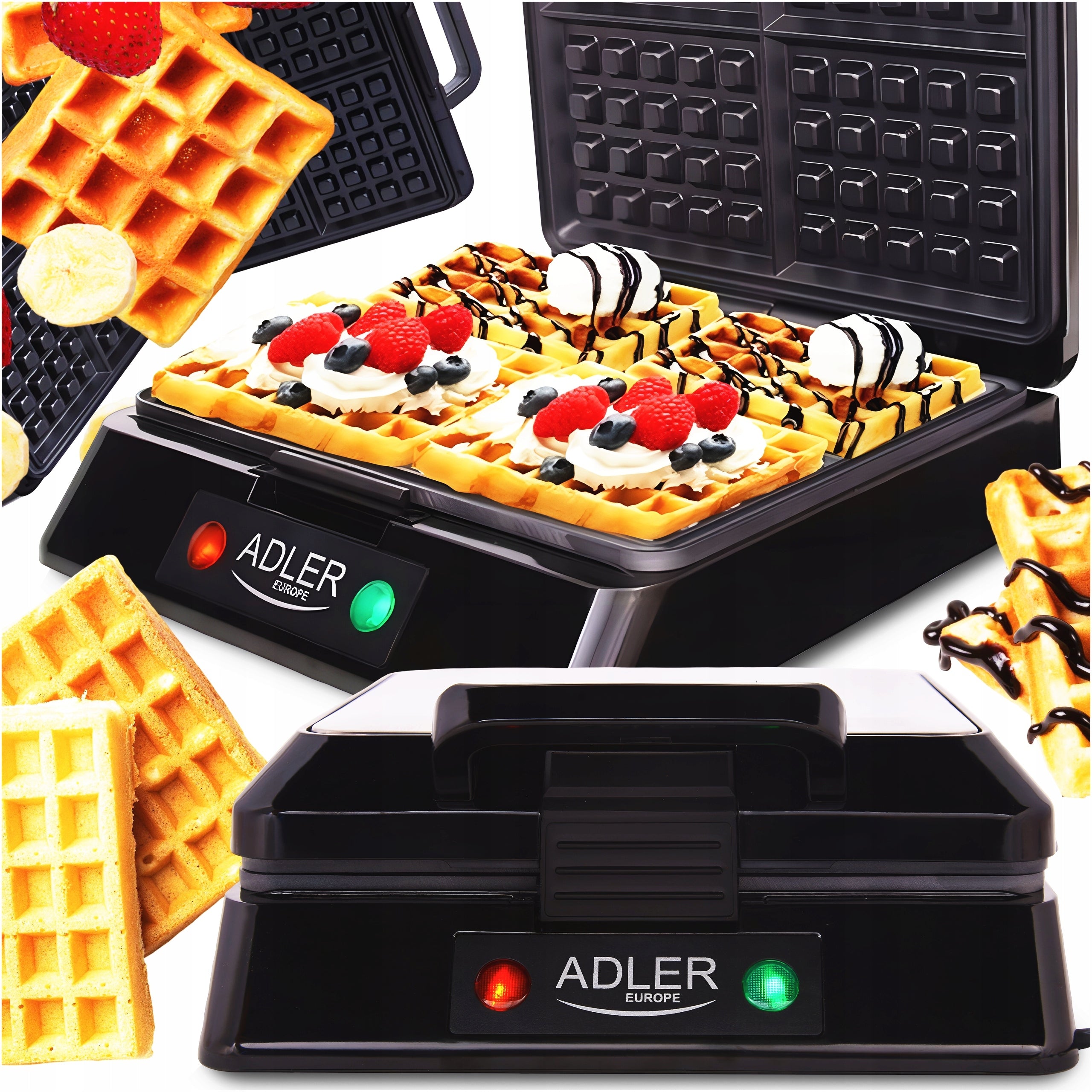 Strong Waffle Iron 4 Large Waffles Crispy Fluffy XXL 1500W Adler AD 3036