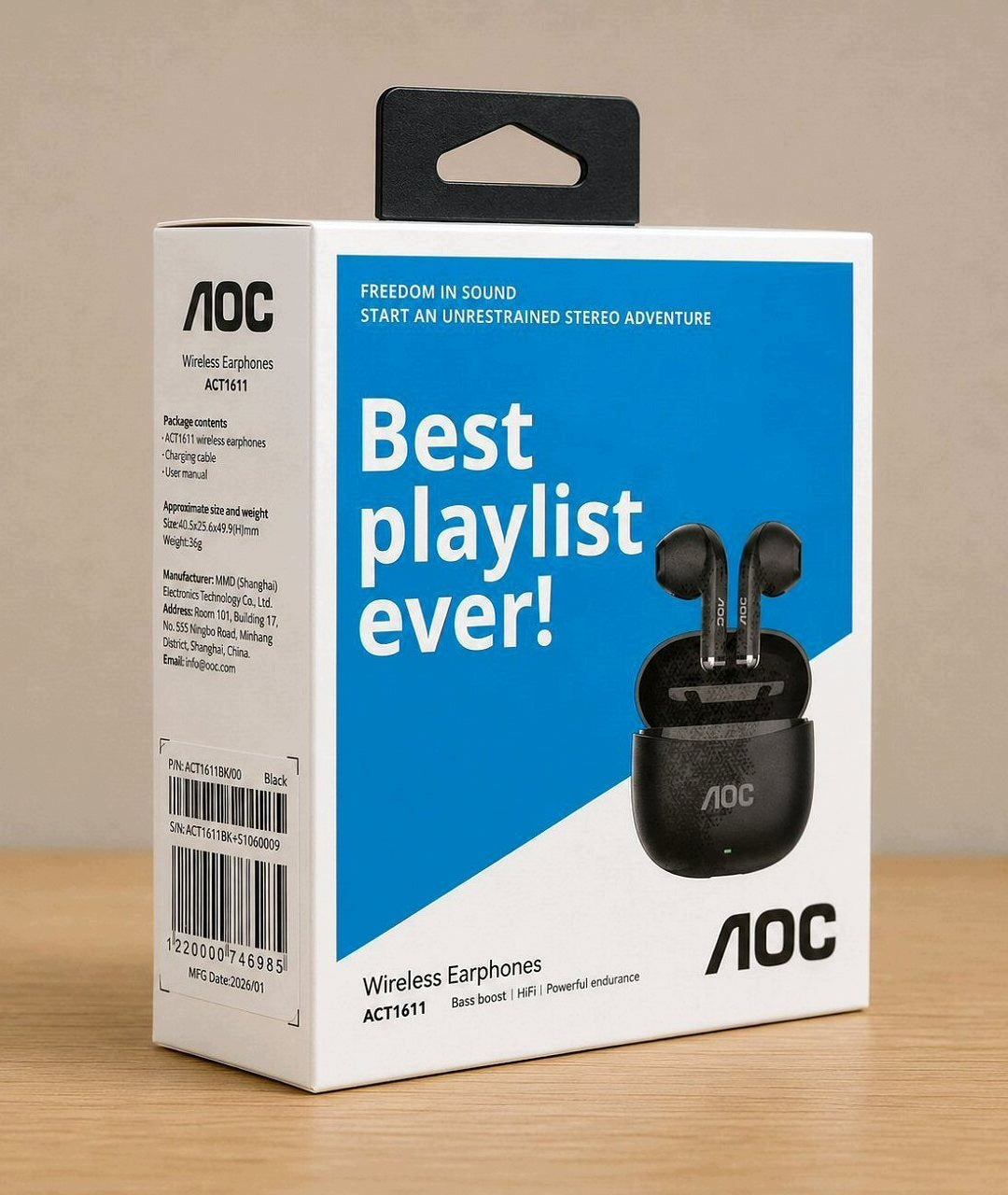 Słuchawki bezprzewodowe AOC Wireless Earphones ACT1611 bluetooth czarne Packaging status original