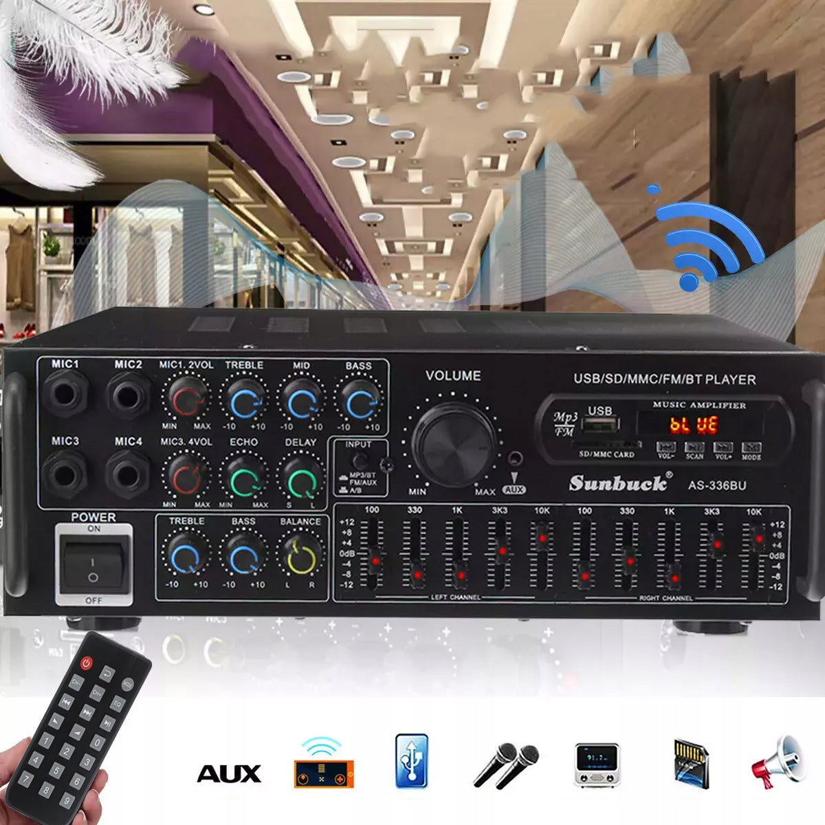 Sunbuck 2000W High Fidelity Power Amplifier, Digital Aud Amplifier Model Amplifier Bluetooth 5.0 DVD AUX FM.