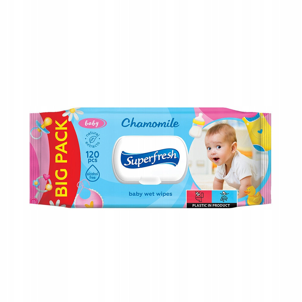 SuperFresh Baby Moisturized Wipes Chamomile Carton Stock 9x120 Pcs Packaging status original