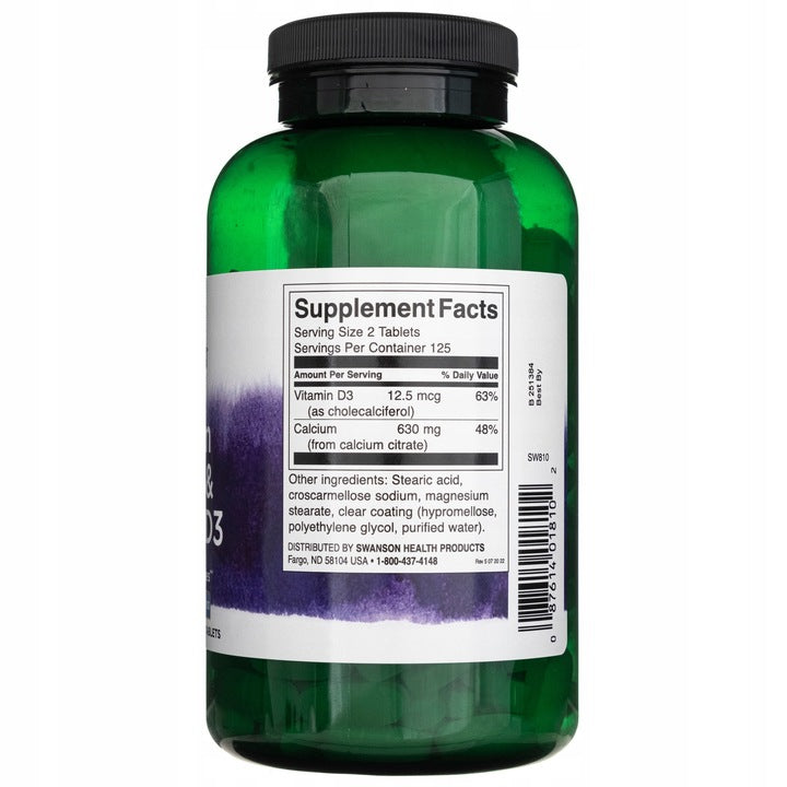 Swanson Calcium Citrate Vitamin D3 250 Tabs. Resistance Strong Bones Packaging status original
