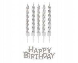 Kuchenkerzen 16 Stück + „Happy Birthday“, Farbe: Silber SF-HBSR