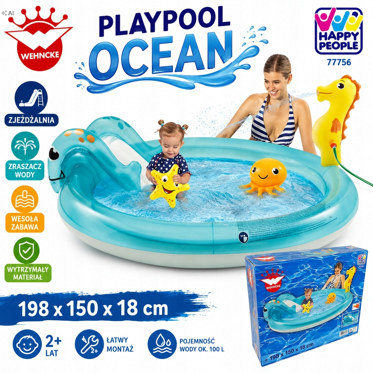 Swimming pool inflatable square toys with slide OCEAN for children 198x150x18cm PVC Manufacturer code Wehncke