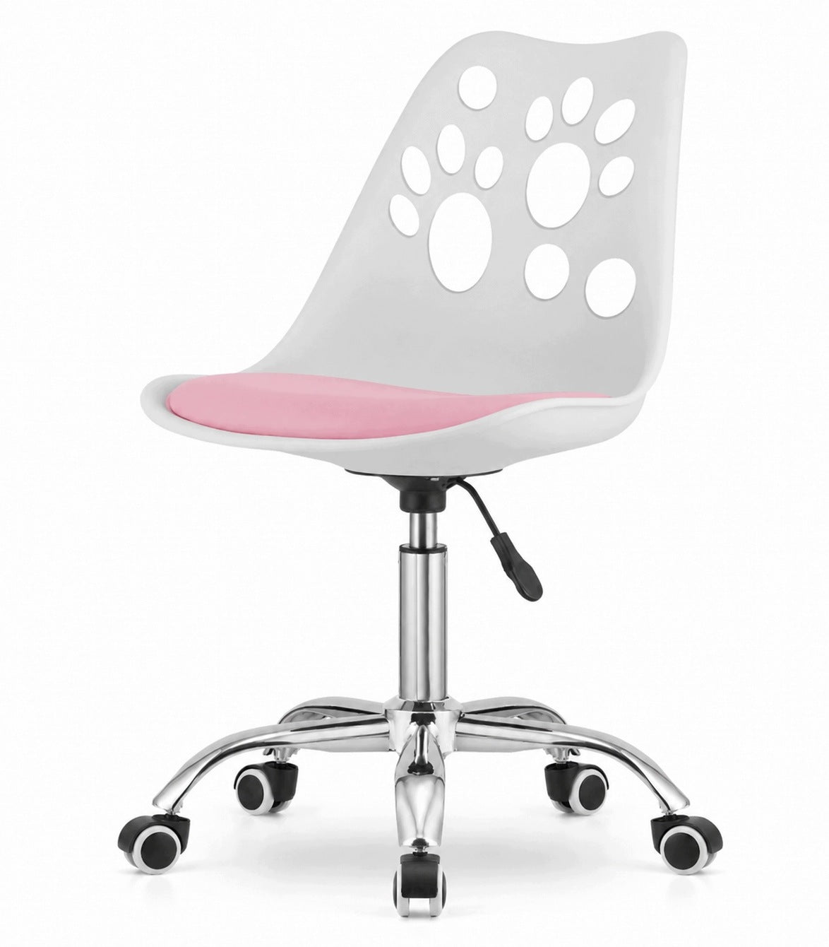 Swivel Chair White and Pink Eco Leather Adjustable Chrome Base Wheels