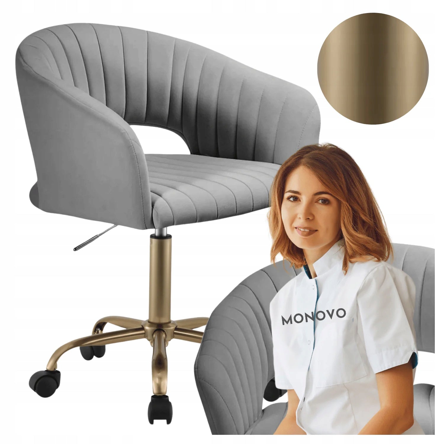 Swivel Chair for Cosmetic Salon Grey Velour Gold Glamour GLEM