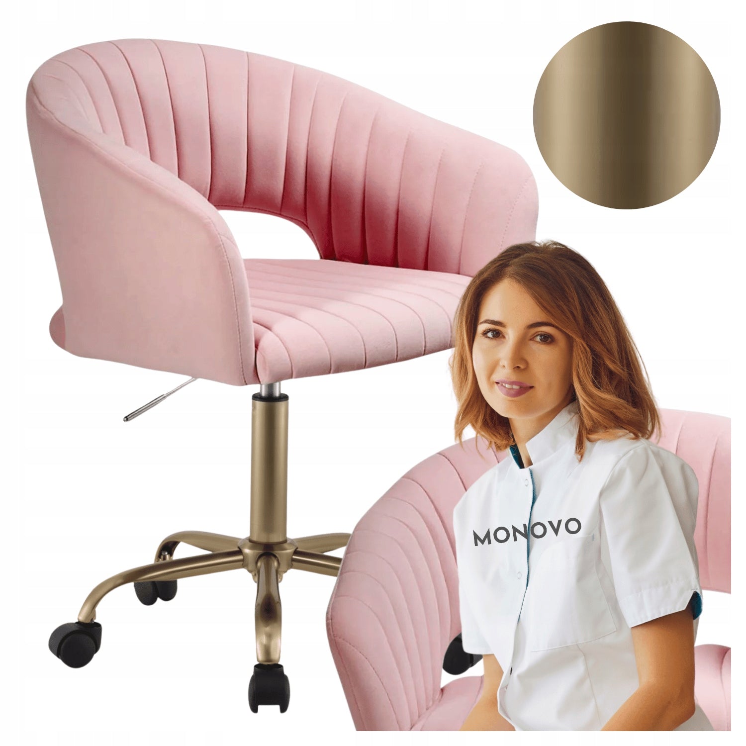 Swivel Chair for Cosmetic Salon Pink Velour Gold Glamour GLEM