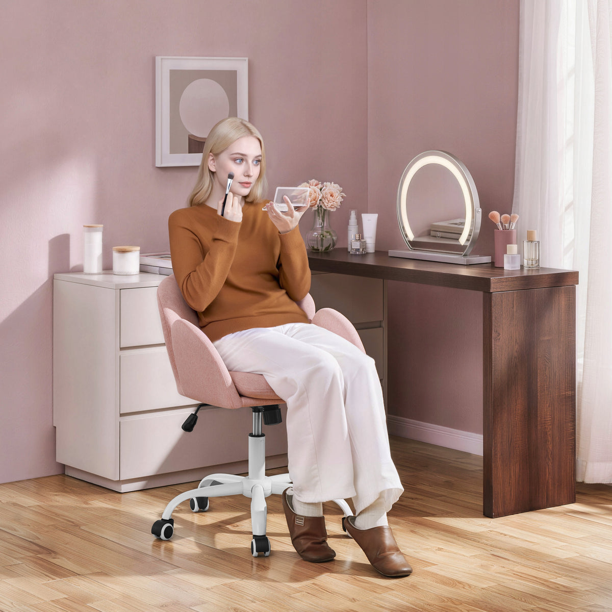 Swivel Office Chair on Wheels, Upholstered with Armrests, Pink Packaging status original