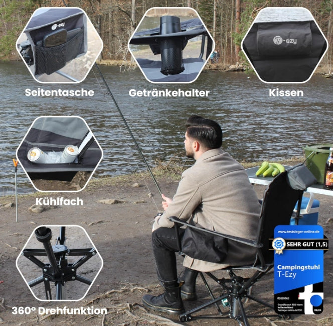 Swivel camping fishing chair T-Ezy up to 150kg with pockets 360 degrees Model Camping Fishing Festival