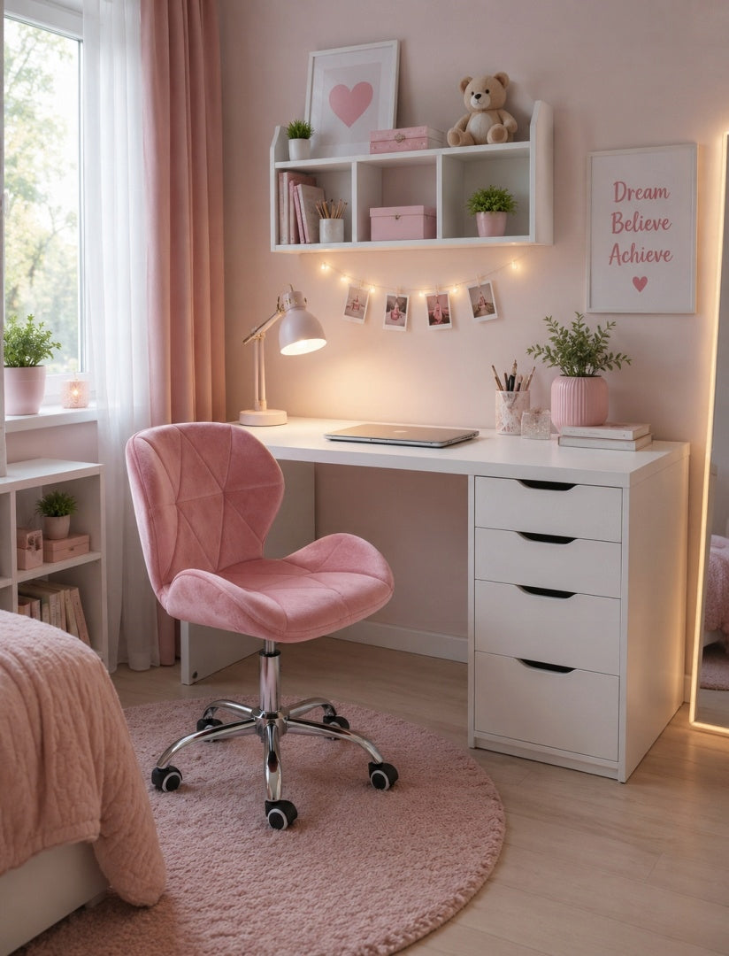 Swivel chair for desk studio dressing table pink velour Lugano Manufacturer code VAS3-VASTO-OFFICE-VELVET-PINK-SILVER