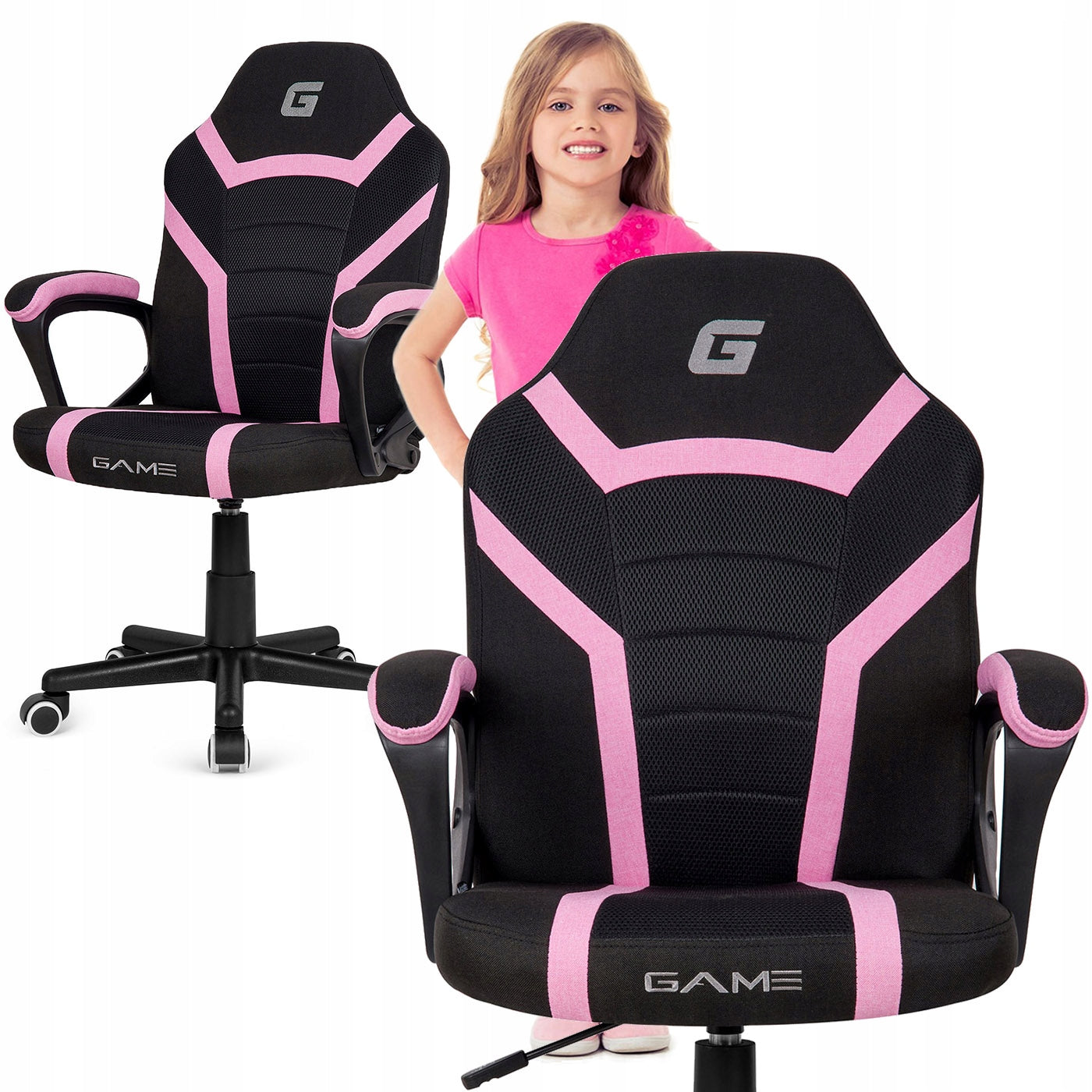 Swivel chair ventilated gaming desk chair black pink fabric