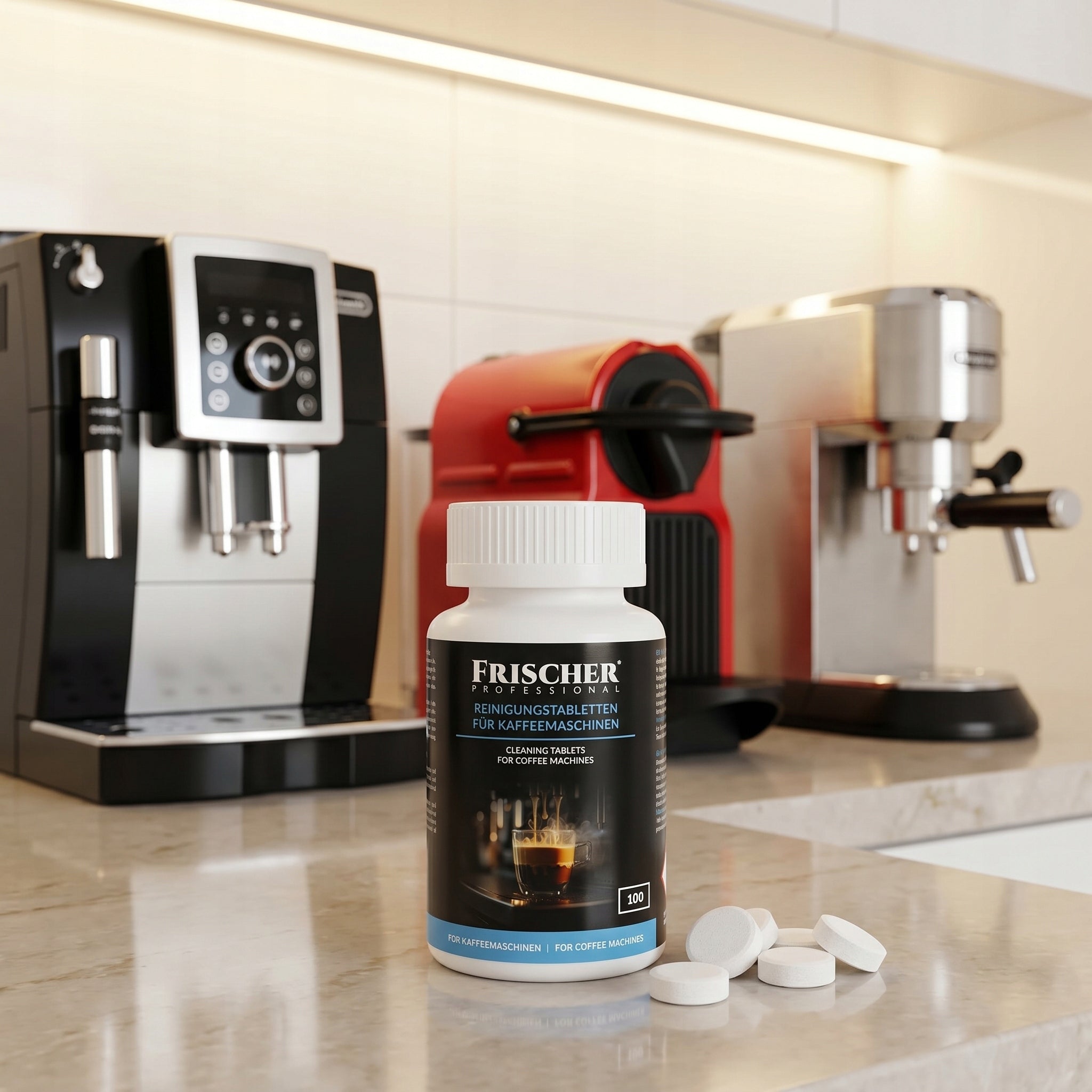 TABLETS FOR CLEANING ESPRESSO MACHINE UNIVERSAL STRONG 100 PCS FRISCHER Packaging status original