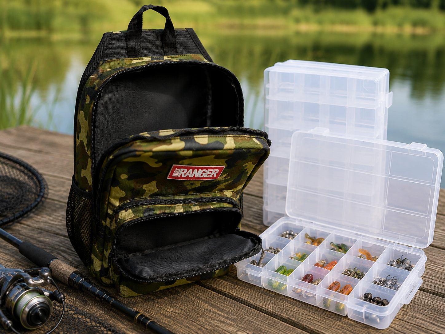 TACTICAL CAMO FISHING BACKPACK 2 ORGANIZERS BAIT BAG ACCESSORIES Brand no brand