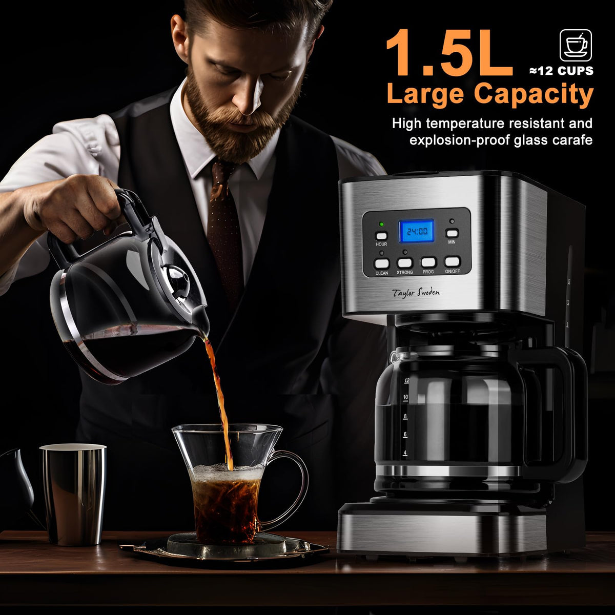 TAYLOR SWODEN Coffee Maker 950W 1.5L Timer 12 Cups Black Brand Taylor Swoden