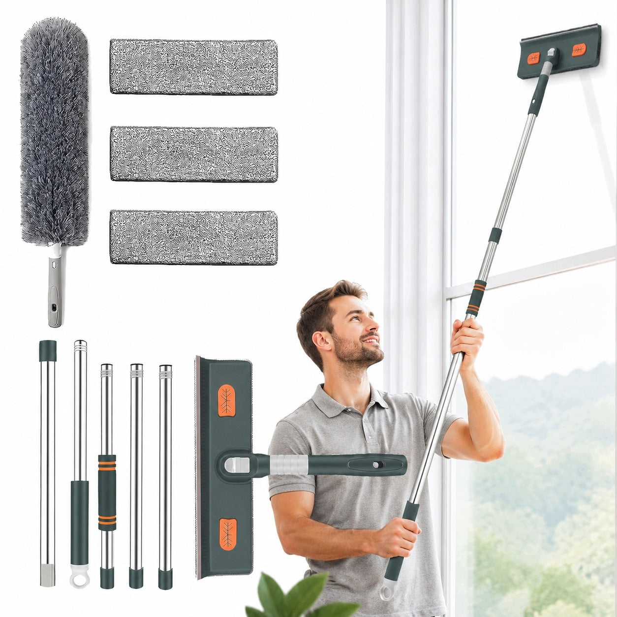 TELESCOPIC WINDOW WASHER, STREAK PULLER FOR LONG WINDOWS