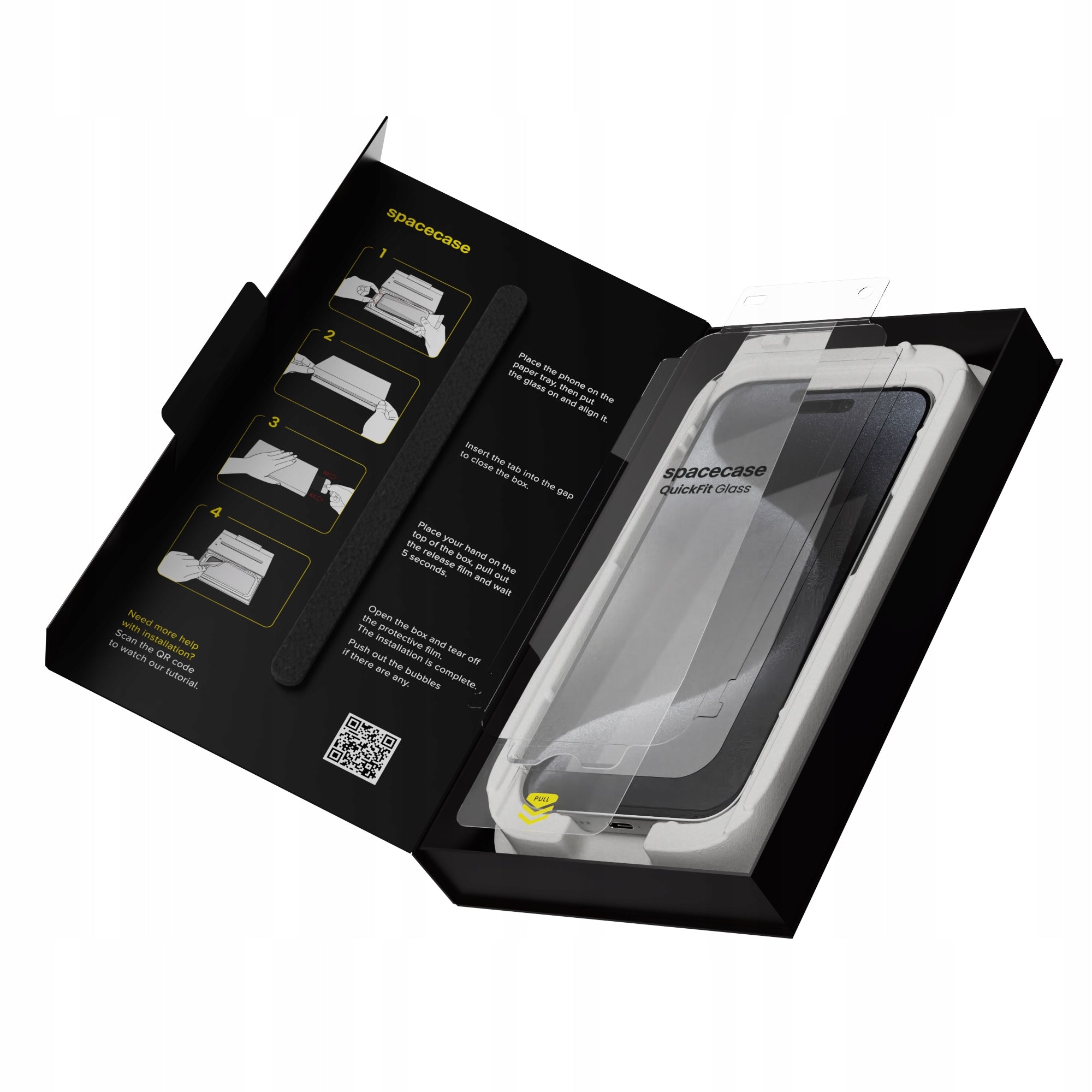 TEMPERED GLASS FOR IPHONE 15 PRO MAX WITH QUICKFIT APPLICATOR - 2 PIECES Packaging status original